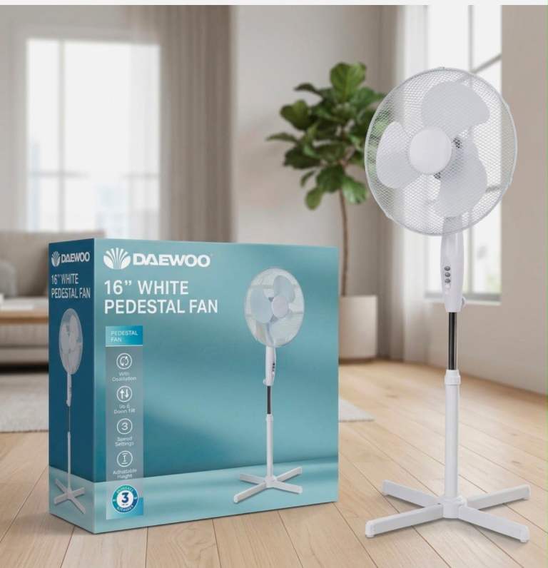 DAEWOO 16" White Pedestal Fan – Brand New in Box