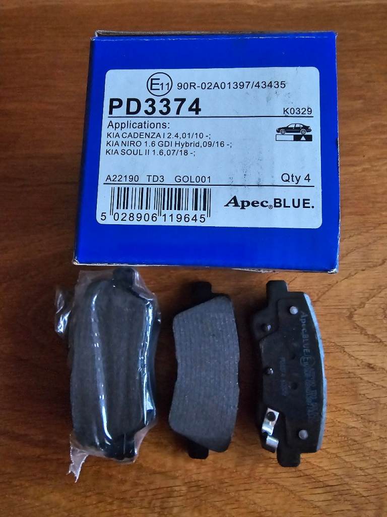 New Apec blue PD3374 rear brake pads, fit numerous Hyundai, Kia and Ssangyong. See link