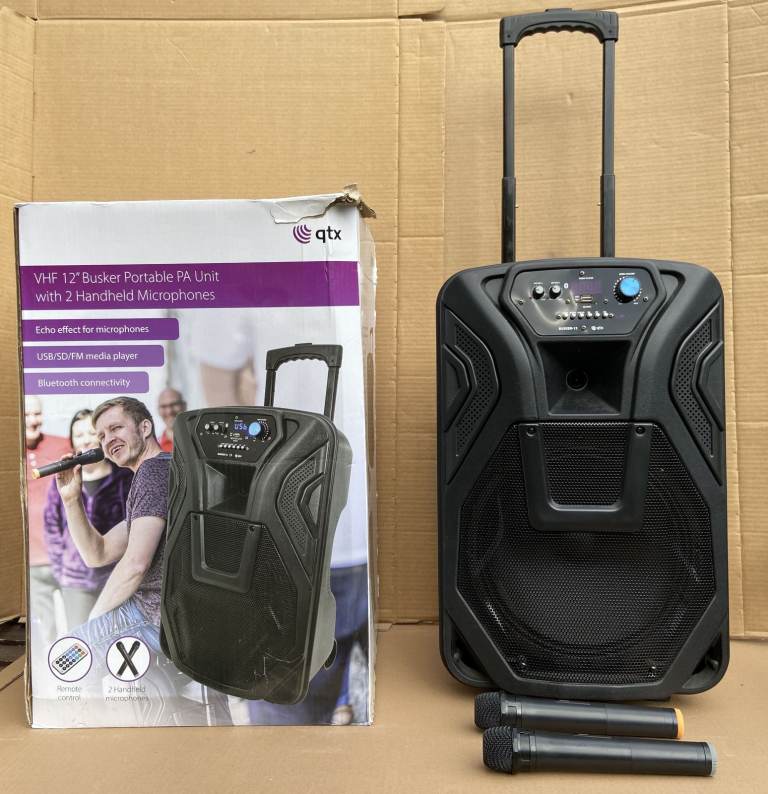 QTX Busker-12 Portable PA System. Rechargeable, Bluetooth + 2 VHF wireless Mics