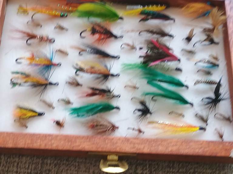 Fly Fishing Lures Collection in Wooden Box