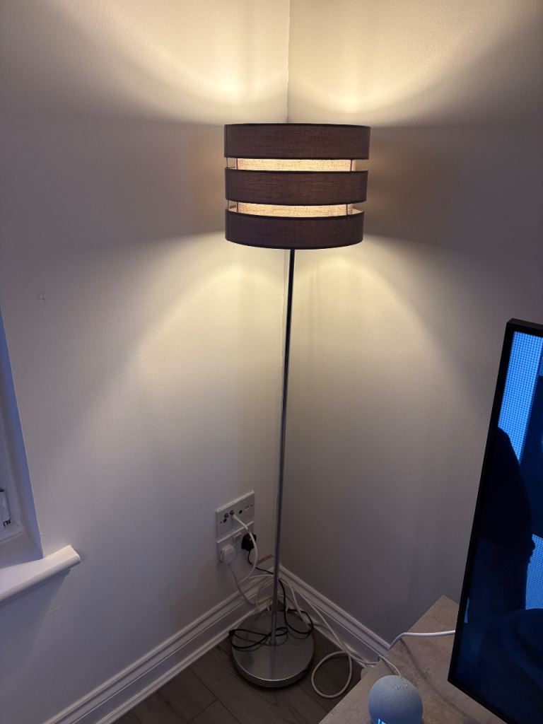 Grey Floor Lamp with Drum Shade – Good Condition