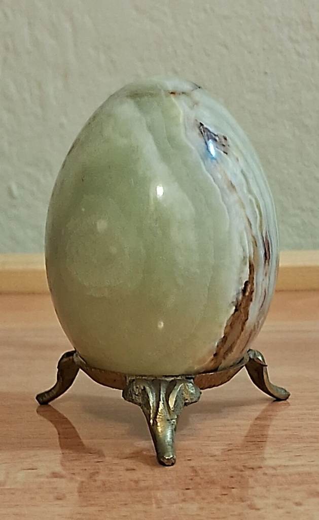 Natural Green Onyx Egg on Brass Stand