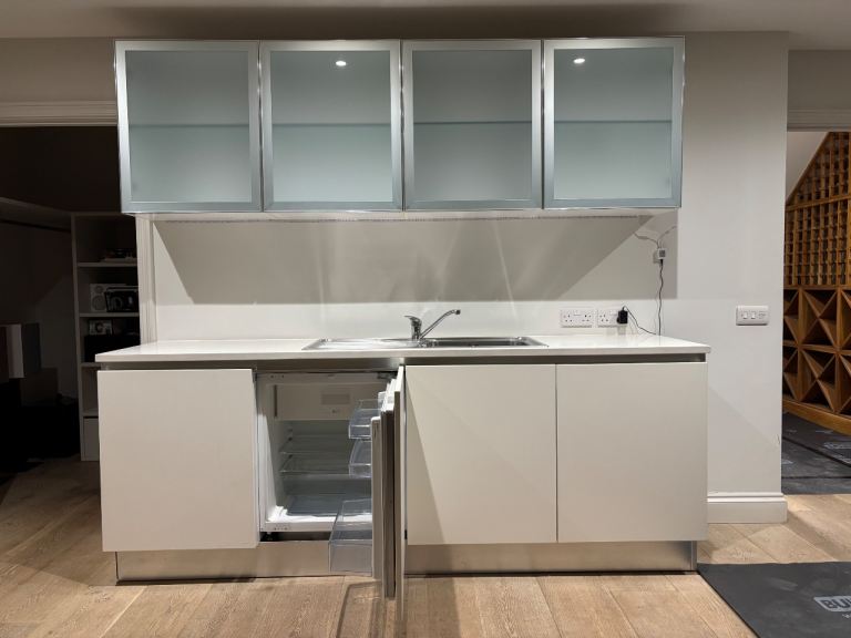 Kitchen Unit with Sink, Tap, Wall Cabinets, and Under-Counter Fridge