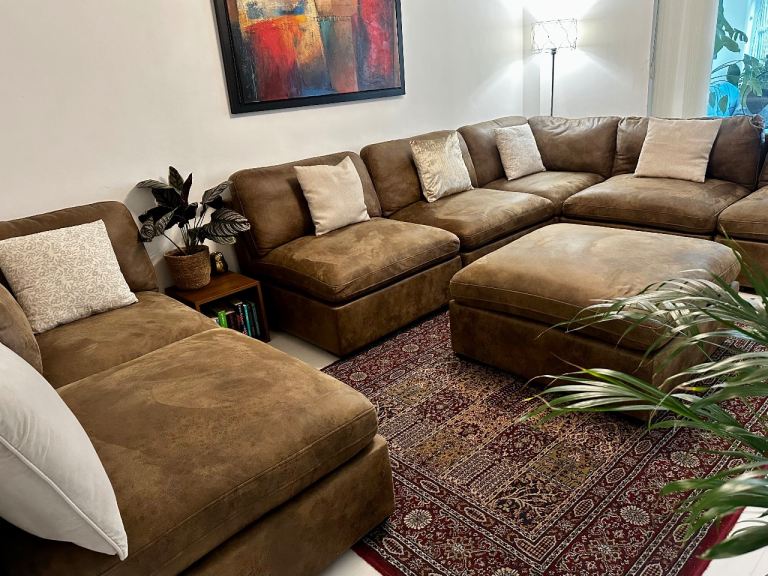 Large Brown Modular Corner Sofa Set with Ottoman