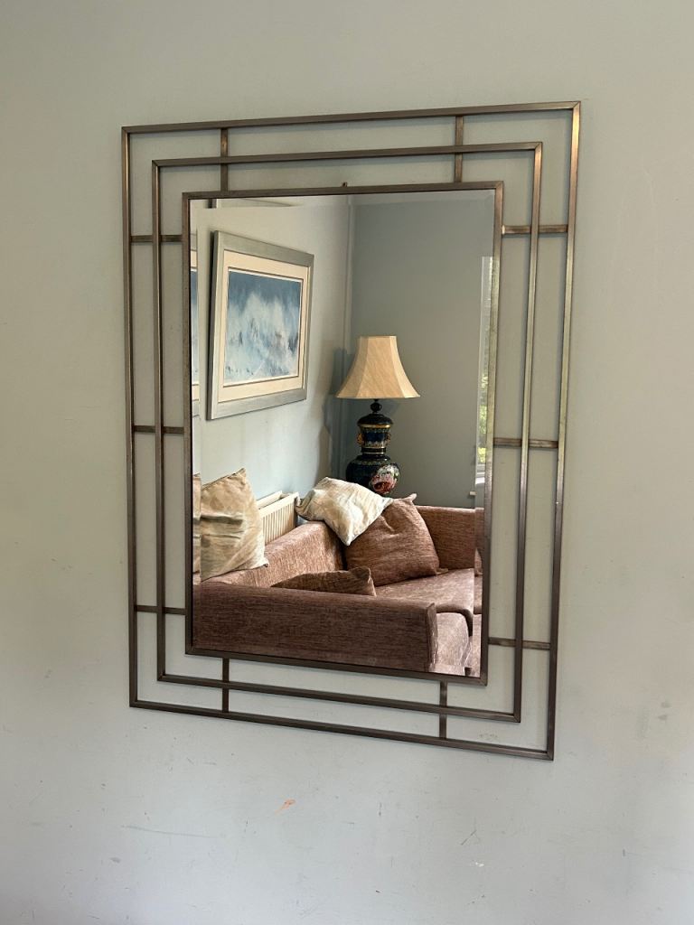 Art Deco Metal Design Bevelled Mirror  H46in/117cm W34in/85cm Good condition  J265