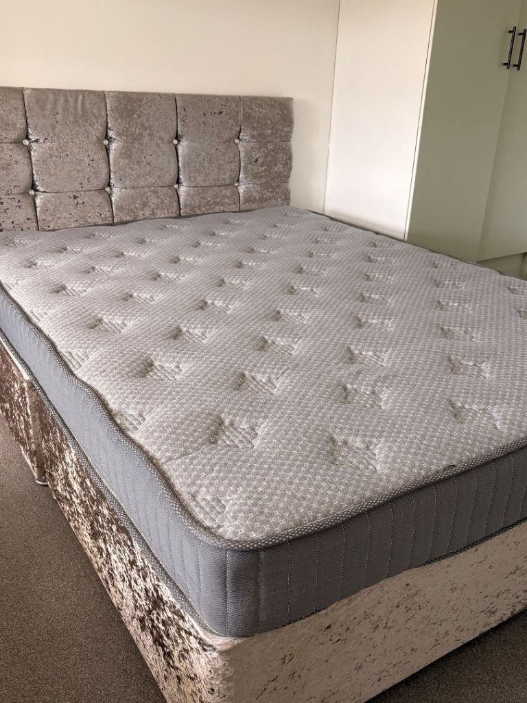 Kingsize Bed Frame with Headboard – Grey Fabric, Good Condition