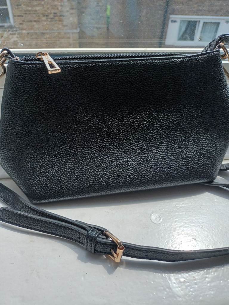 Tom and Eva Black Crossbody Handbag with Gold-Tone Zippers – Good Condition