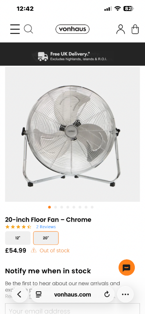 VonHaus 20-inch Floor Fan – Chrome