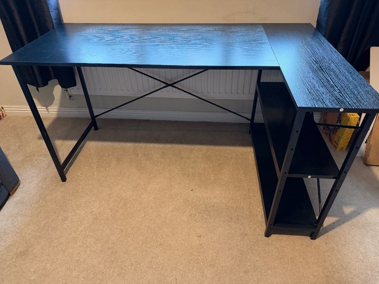 Black L-Shaped Corner Desk with Shelves – Good Condition