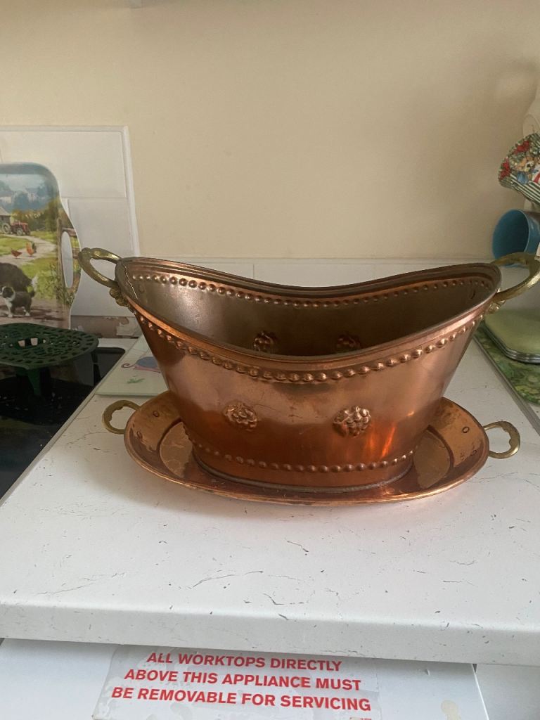 Vintage Copper Scuttle and Tray with Brass Handles