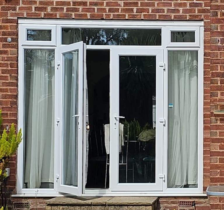 White uPVC French Doors with Side Panels and top openers – Good Condition