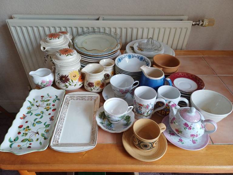 50+ items Mixed Dinnerware Plates, Cups, Bowls, Teapot, Jugs