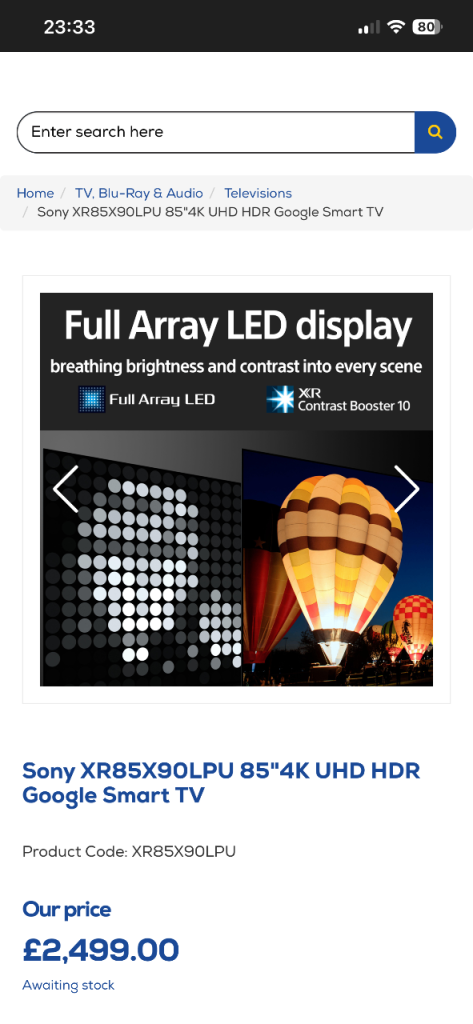 Sony XR85X90LPU 85-inch 4K HDR Full Array LED TV Ultra HD Smart Like New Retail £2499 Bargain