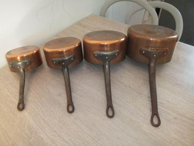 Set of 4 Antique French Copper Pans with Cast Iron Handles