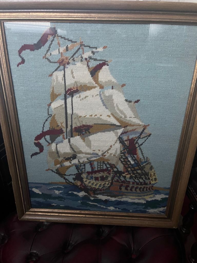 image for Framed Cross Stitched Galleon
