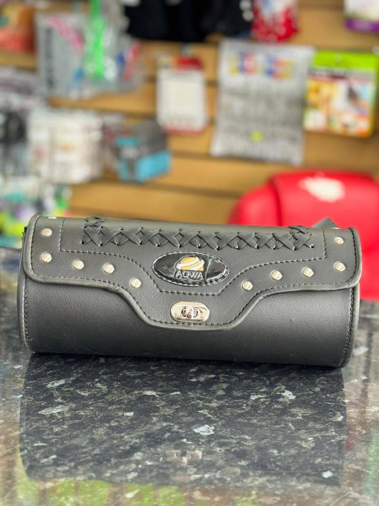 Motorcycle Tool Bag – Black Studded Cylinder Pouch with Metal Clasp 