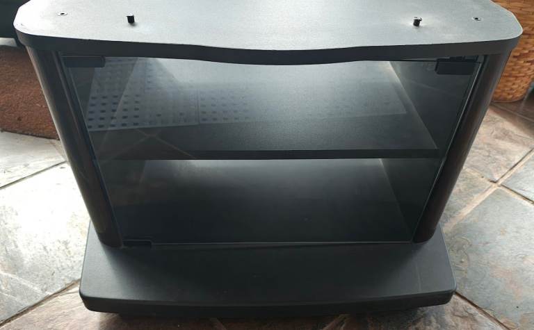 Black Glass TV Stand with Shelves – Good Condition