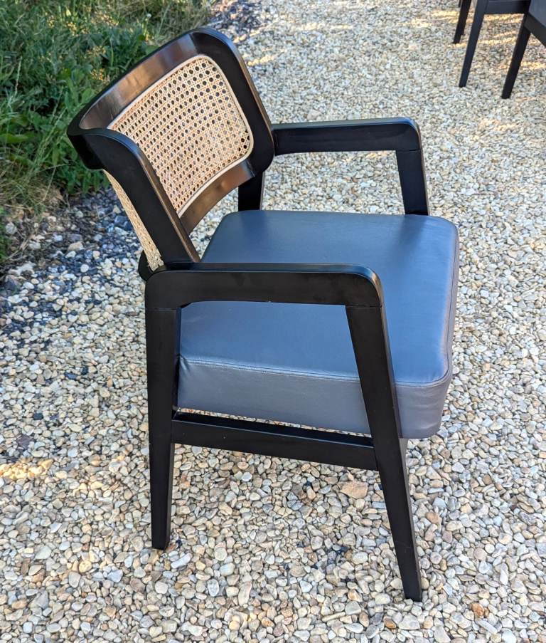 Pair Rattan Back Black Carver Dining Chairs - Occasional Armchairs Cafe Chairs