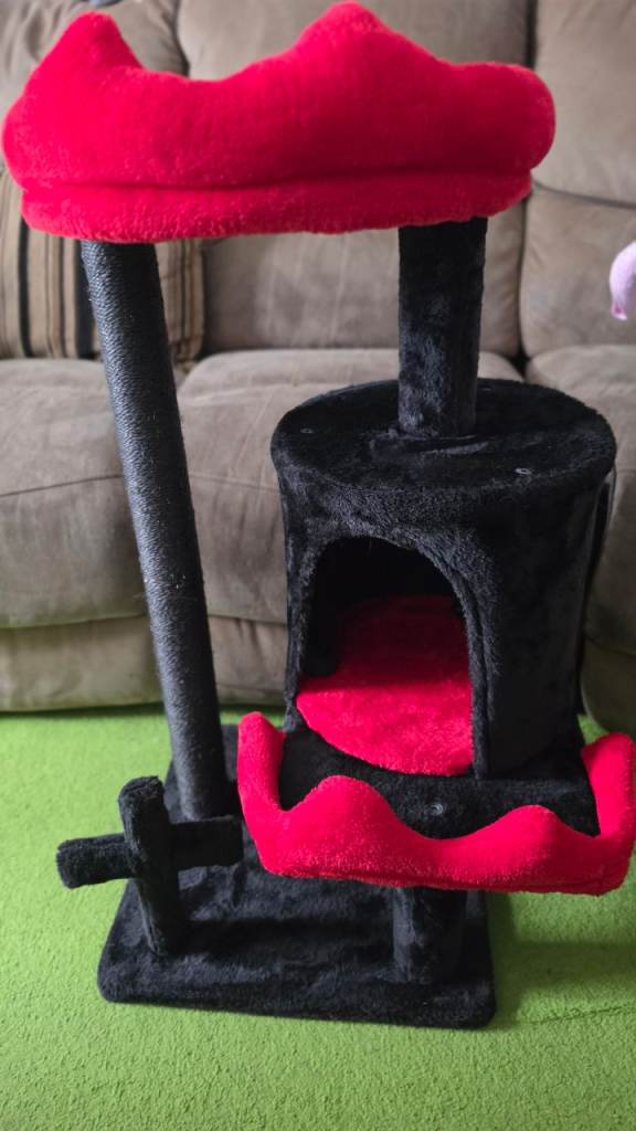 Red and Black Cat Tree with Scratching Post and Bed