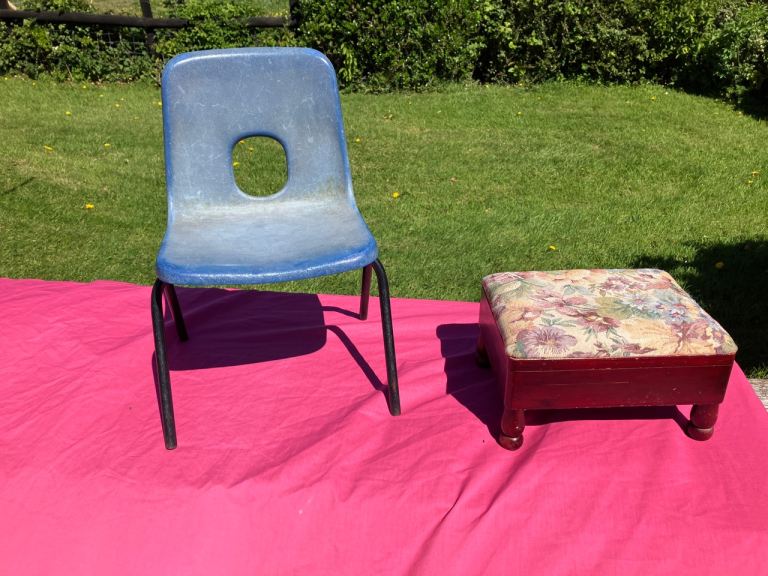 VINTAGE EX. SCHOOL CHILD / INFANTS CHAIR AND A  FOOTSTOOL WITH LIDDED STORAGE