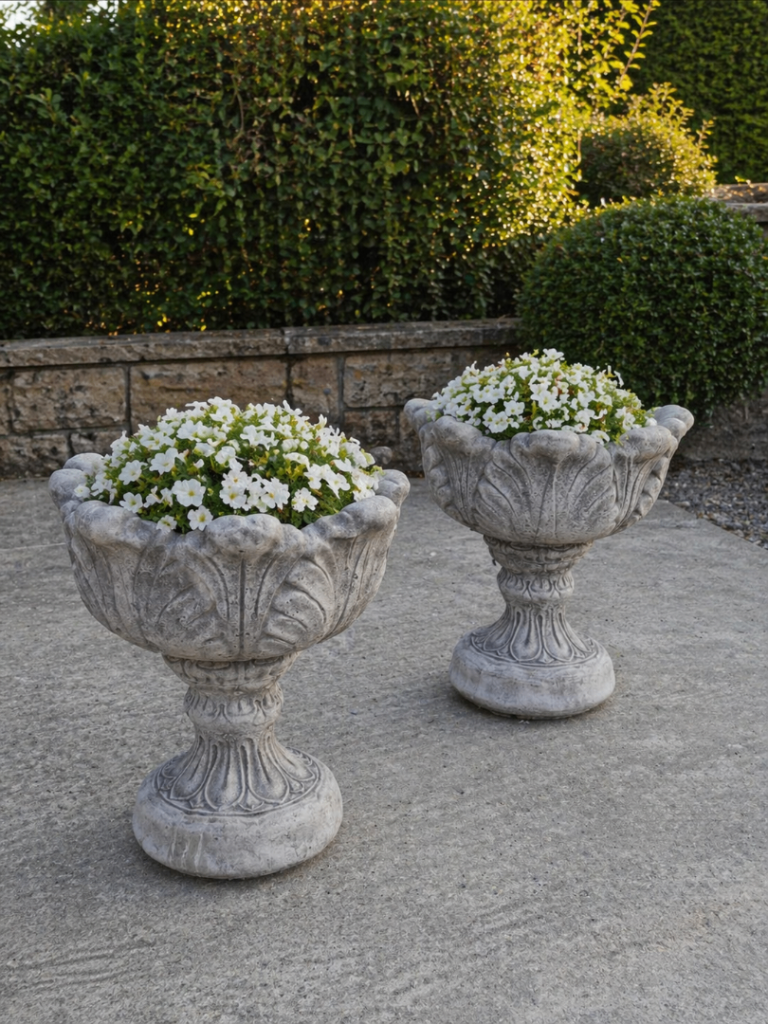 Pair of Large Decorative Stone Garden Planters Urns