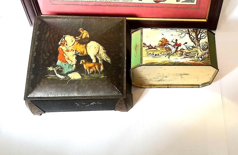 TWO VINTAGE TINS to RESTORE - HUNTING SCENES and COUPLE with a HORSE