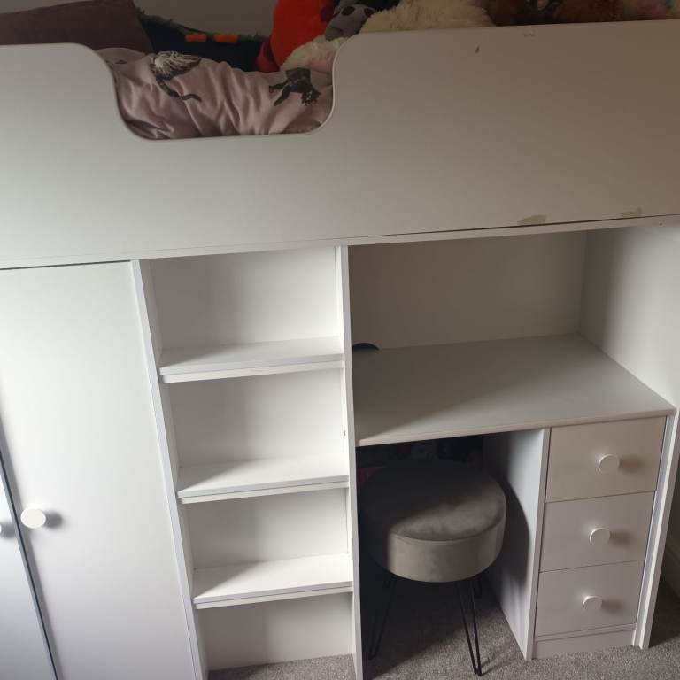 White High Sleeper Bed with Desk, Shelves & Wardrobe