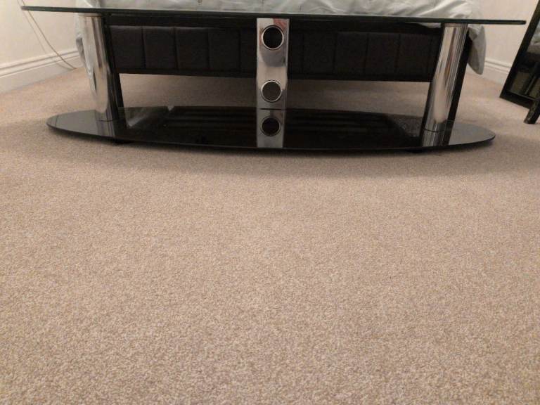 Black Glass TV Stand with Chrome Legs – Good Condition