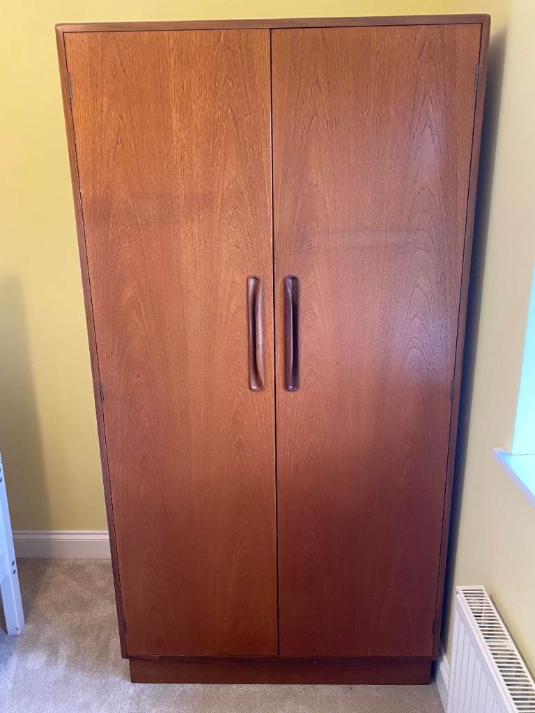 1976 G Plan Gentleman's Wardrobe with hanging rail, shelves, drawers and tie rail.