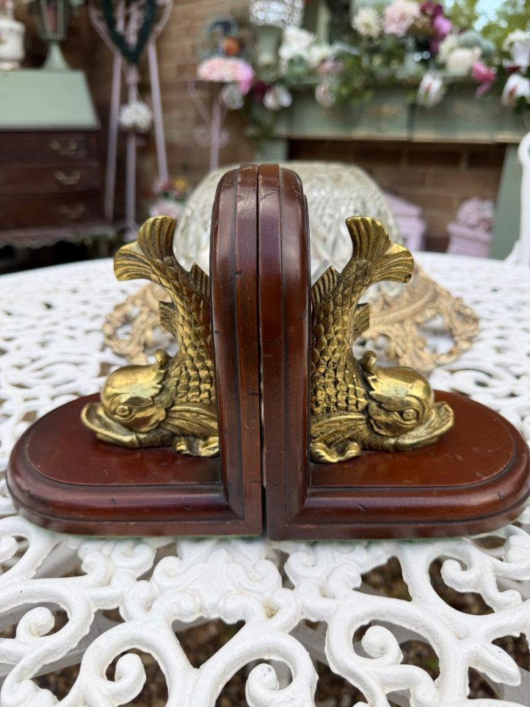 Vintage Jans of London Brass Koi Fish Bookends Mahogany Wood Base Pair MCM