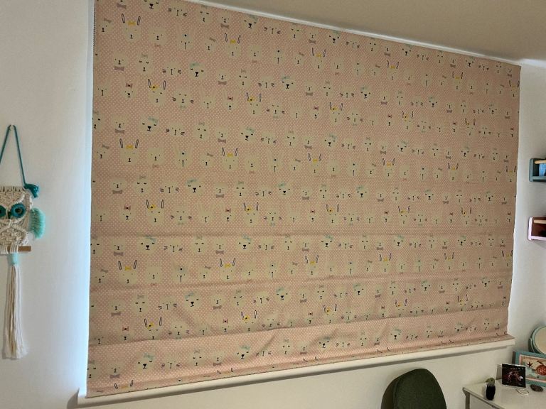 Roman Blind pink with spots and bunnies Blinds2Go exact fit 