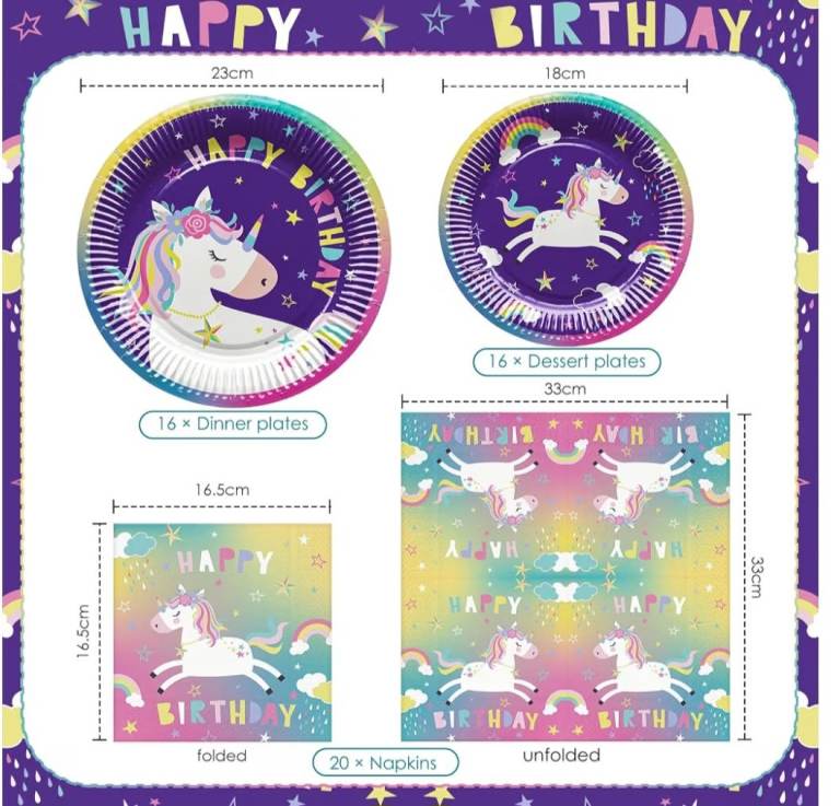 NEW Unicorn Party Plates and Napkins Set - Multicoloured