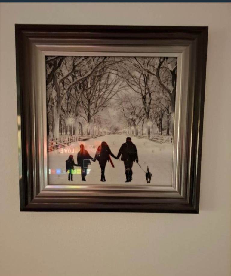 Framed Winter Scene Picture – 22" x 22" Black and White with Colour Accents