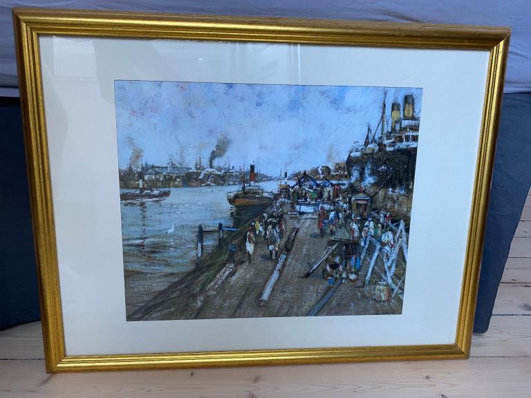 Framed Harbour Scene Painting – Good Condition