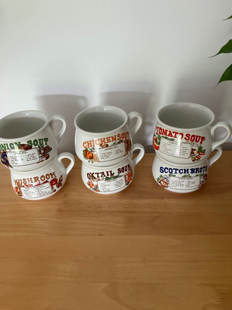 Set of Six Vintage Ceramic Soup Mugs with Recipes