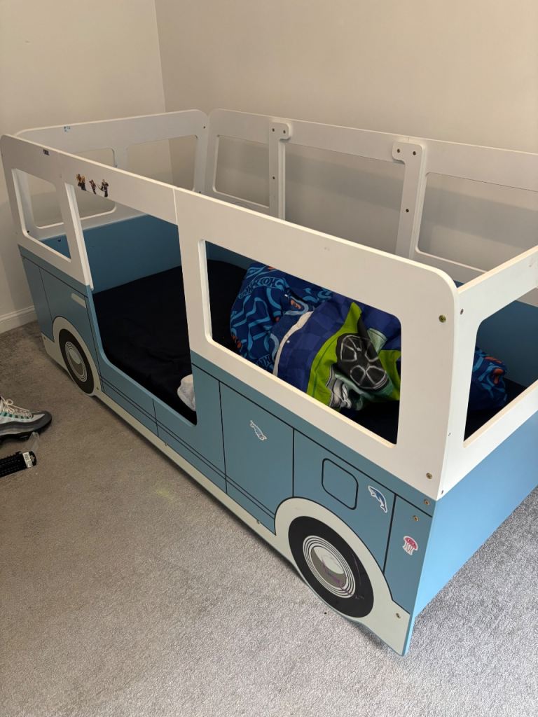 Kids Blue Bus Bed – Good Condition, Wooden Frame
