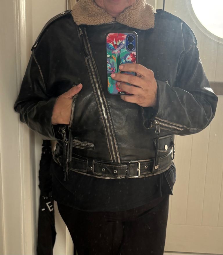 PRETTYLITTLETHING Black Faux Leather Biker Jacket with Faux Fur Collar