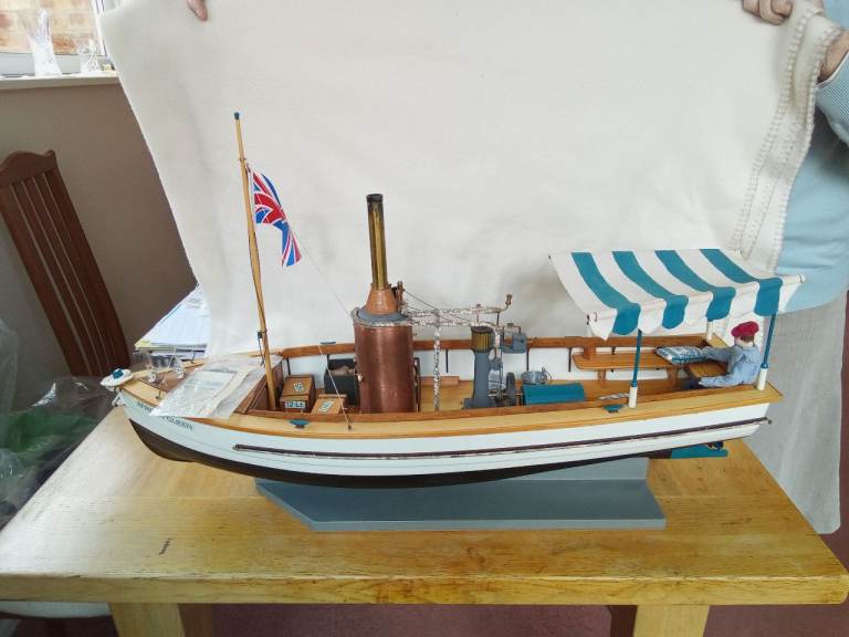 Detailed Wooden Model Steam Boat with Flag and Awning of 'African Queen'