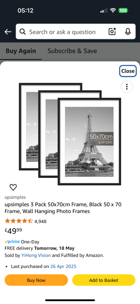 Brand new 2 x black large photo frames 50cm x 70cm Amazon 