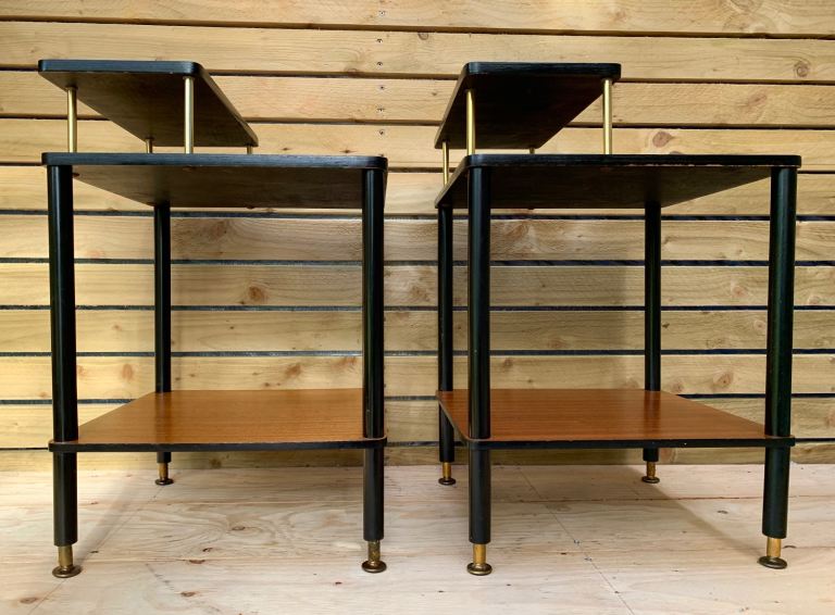 Pair of Vintage Mid Century Modern Teak & Ebonized Shelf Bedside Table Units 1950s