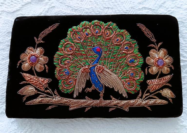 RARE VINTAGE Peacock Embroidery Bag Clutch Handbag Purse Black Velvet Amethyst Antique Period Piece