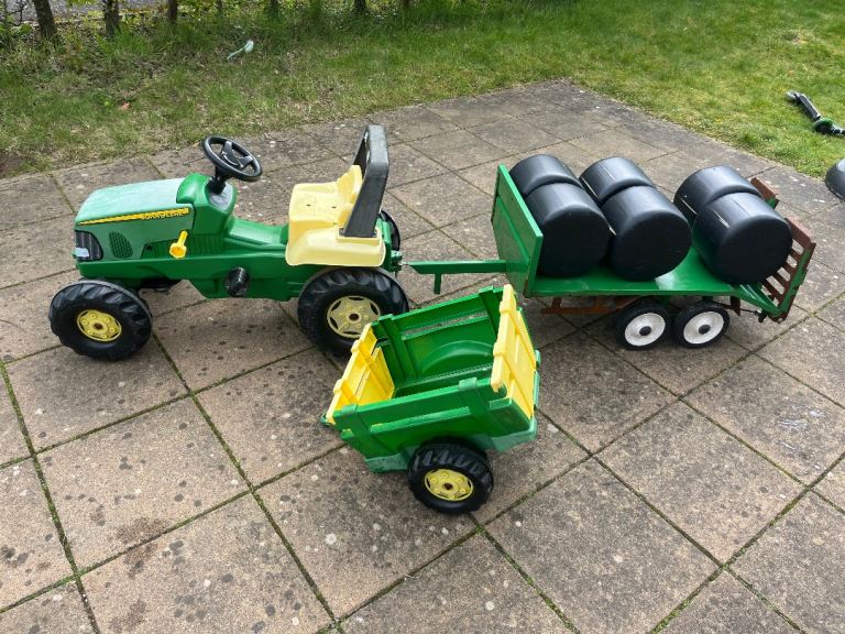Rollys John Deere tractor with trailer & Killbran Low Loader Trailer & 6 bales