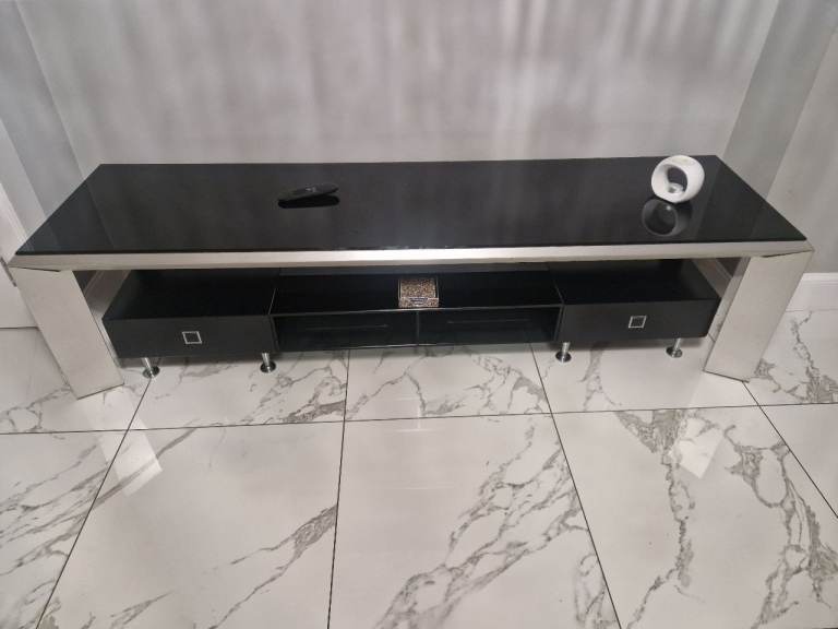 Modern Black Glass TV Stand with Storage – Good Condition