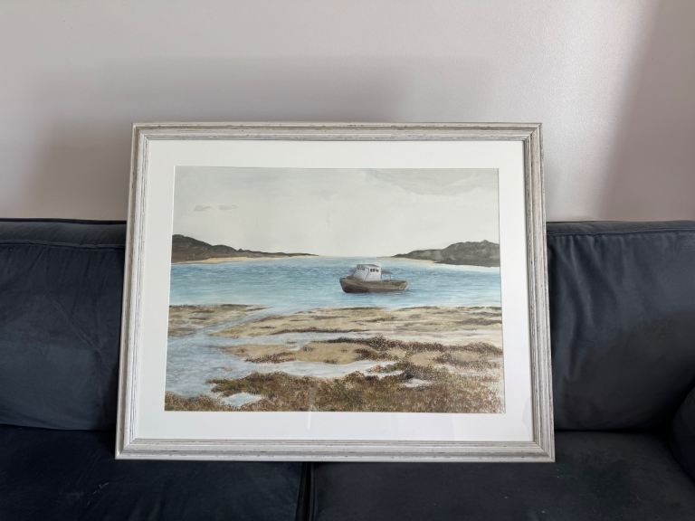 Framed Watercolour Painting of a Boat in Dundrum Bay