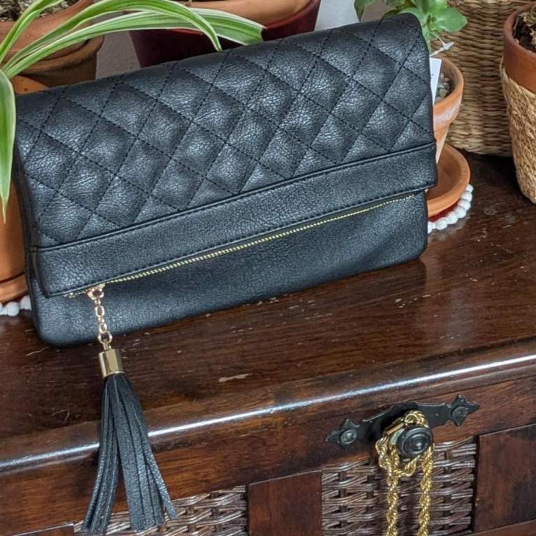Select Black Zip Fold Over Tassel Bag #clutch #leather BNWT  