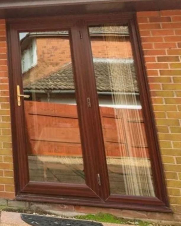 Rosewood Brown UPVC Single French Patio Door 232 x 130 with Glass Panel and Key
