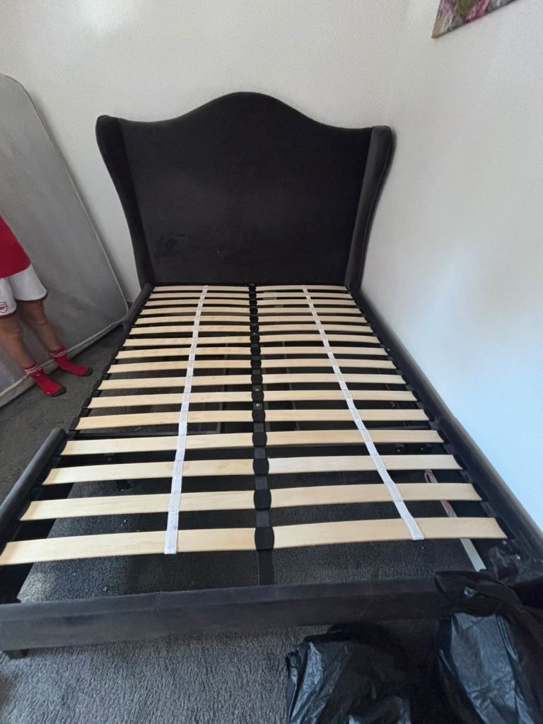 King size Bed Frame with Headboard – Grey Velvet, Good Condition