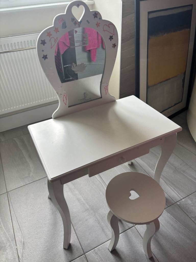 Kids White Wooden Dressing Table with Mirror and Stool