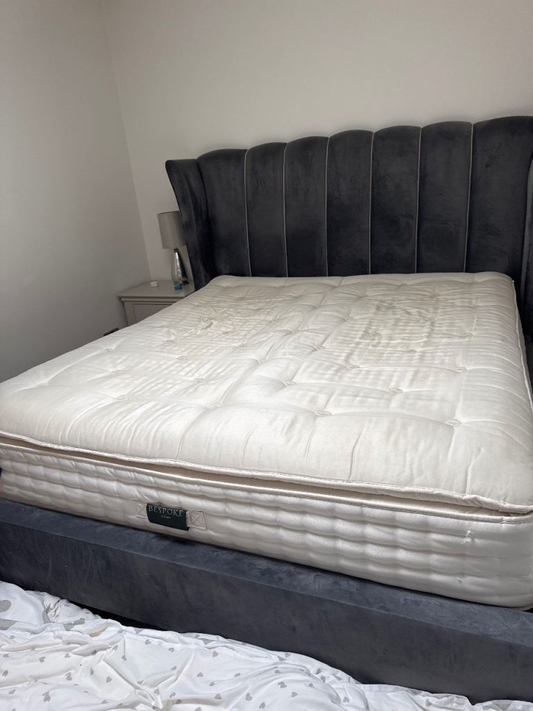 Super king winged fabric bed with mattress with sewn in topper 
