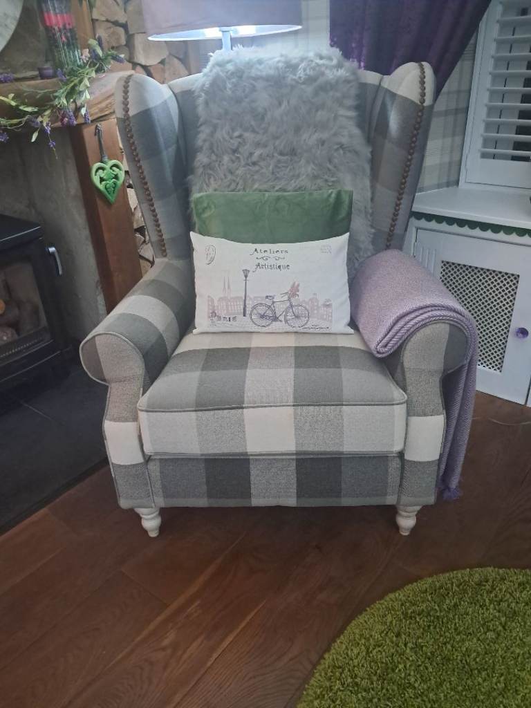 Fireside arm chair.  Grey tartan - new condition